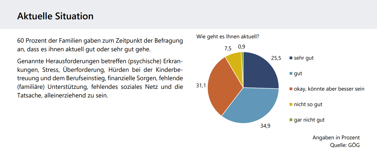 Kreisdiagramm zur aktuellen Situation von Familien. 34,9 Prozent bewerten ihre Situation als gut, 25,5 Prozent als sehr gut. 31,1 Prozent geben „okay, könnte aber besser sein“ an. 7,5 Prozent bewerten ihre Situation als nicht so gut, 0,9 Prozent als gar nicht gut.