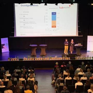 © NZFH.at/Ofner Großer Veranstaltungssaal der Fachtagung Frühe Hilfen 2026 in Linz. Zahlreiche Teilnehmende sitzen im Publikum und blicken auf eine Bühne mit Präsentationsleinwand. Auf der Leinwand werden Daten und Grafiken zu den Frühen Hilfen gezeigt, zwei Vortragende stehen vor dem Publikum.